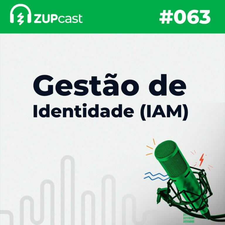 Capa do Zupcast sobre “gestão de identidade e IAM”, onde temos a logo do ZupCast, seu título e o número do episódio.