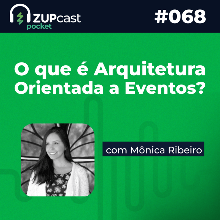 Capa do Zupcast sobre “O que é arquitetura orientada a eventos?” onde temos a logo do ZupCast, seu título e o número do episódio.