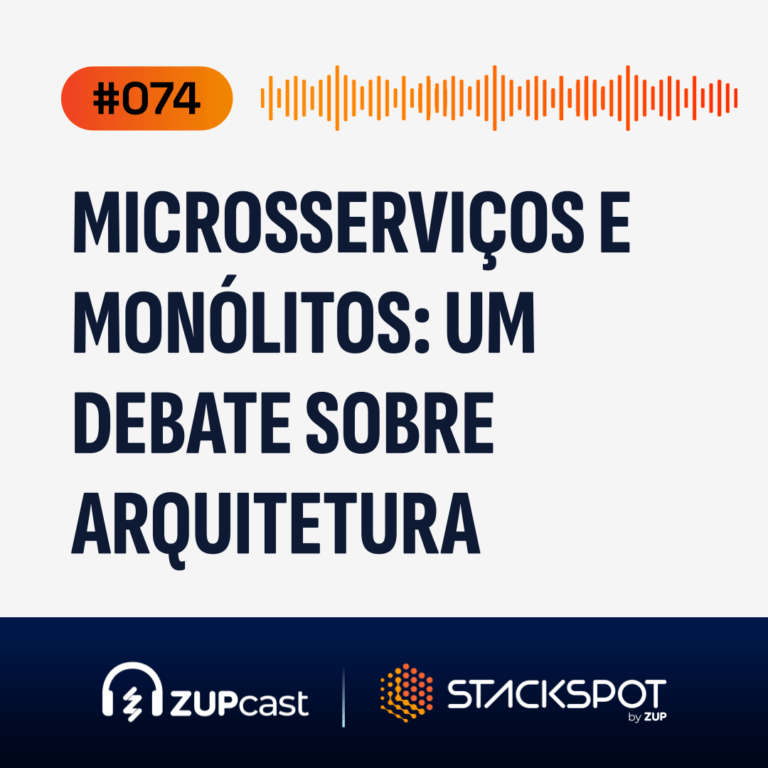 Capa do Zupcast sobre “microsserviços e monólitos”, onde temos a logo do ZupCast, seu título e o número do episódio